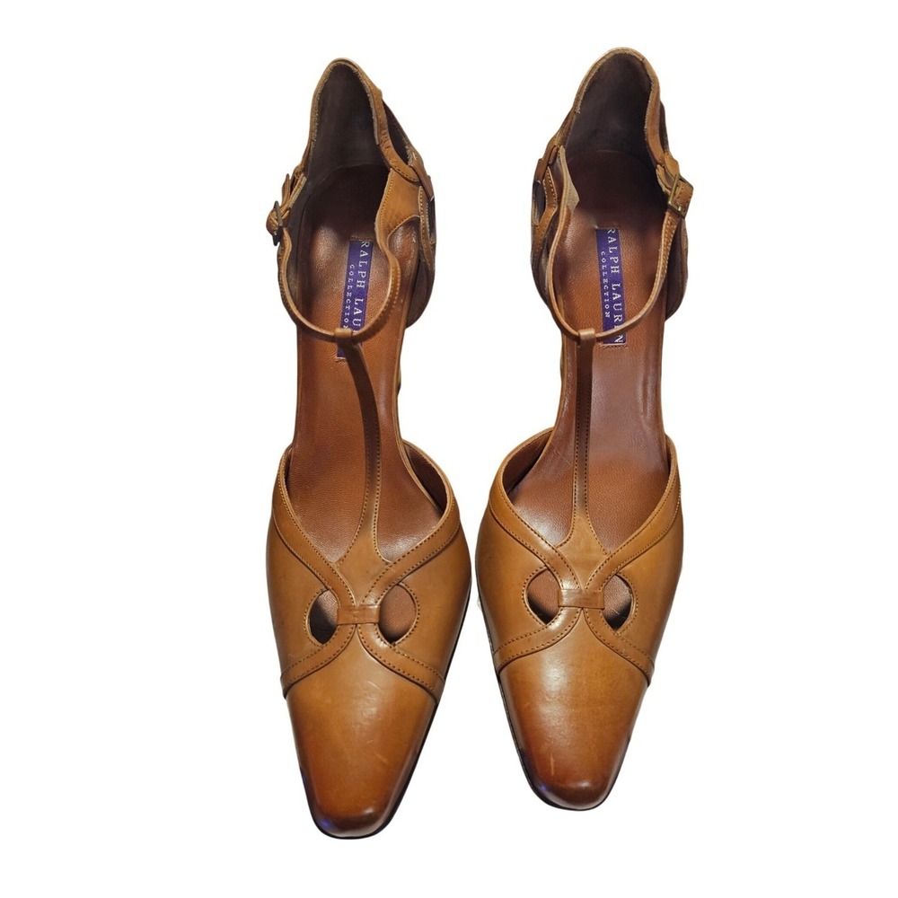 Vintage Ralph Lauren Collection Made Italy Tan Leather T-Strap Cut-Out Heels 8 B